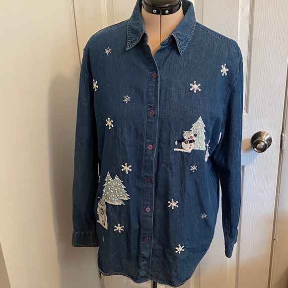 Embroidered Denim Shirt with Snowman and Tree Design - Picture 1 of 7